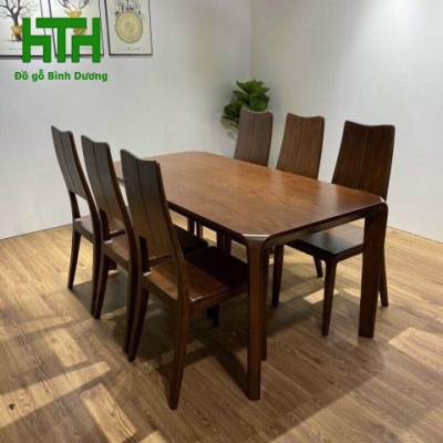 BỘ BÀN ĂN CHÂN HƯƠU MẶT GỖ LAU MÀU ÓC CHÓ 6 GHẾ 