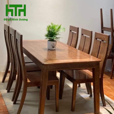 BỘ BÀN ĂN GỐ SỒI 6 GHẾ CHÂN HƯƠU LAU MÀU ÓC CHÓ 