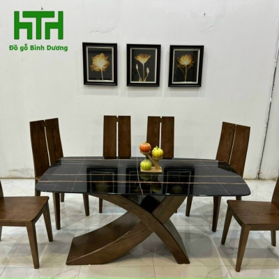 BÀN ĂN GỖ SỒI MẶT ĐÁ NHẬP 6 GHẾ LAU MÀU ÓC CHÓ 