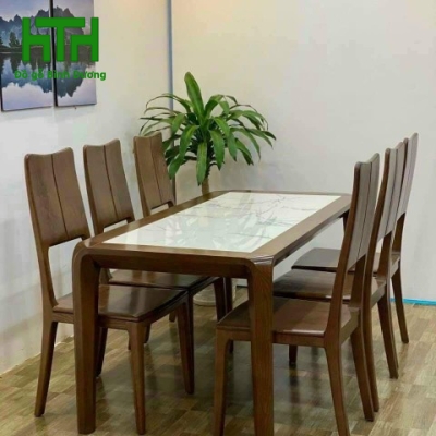 BỘ BÀN ĂN GỖ SỒI NGA MẶT ĐÁ 6 GHẾ LAU MÀU ÓC CHÓ 