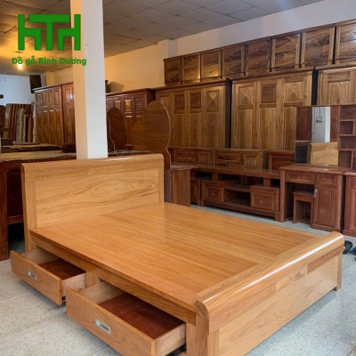 GIƯỜNG GÕ ĐỎ DÁT PHẢN HỌC KÉO  1M8 X 2M 