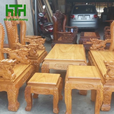 BỘ BÀN GHẾ RỒNG TRANH CHÂU TỰA LỚN CỘT 12