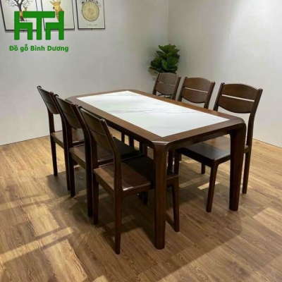 BỘ BÀN ĂN GỖ SỒI NGA MÀU ÓC CHÓ CHÂN HƯƠU MẶT ĐÁ 6 GHẾ 