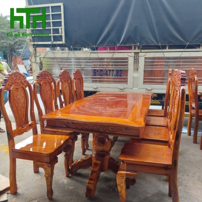 BỘ BÀN ĂN 8 GHẾ TRÀM BÔNG VÀNG TỰA LỚN 