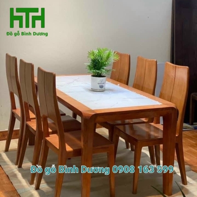 BỘ BÀN ĂN GỖ SỒI NGA MẶT ĐÁ CAO CẤP 6 GHẾ 