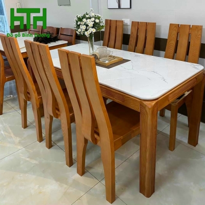 BÀN ĂN MẶT ĐÁ TRÀN GỖ SỒI 6 GHẾ LAU HƯƠNG 