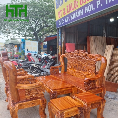BỘ BÀN GHẾ GỖ TRÀM BÔNG VÀNG TAY 12 RỒNG BÁT TIÊN 