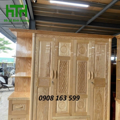 TỦ QUẦN ÁO GỖ SỒI TỰ NHIÊN 4 CÁNH KỆ TRANG TRÍ 