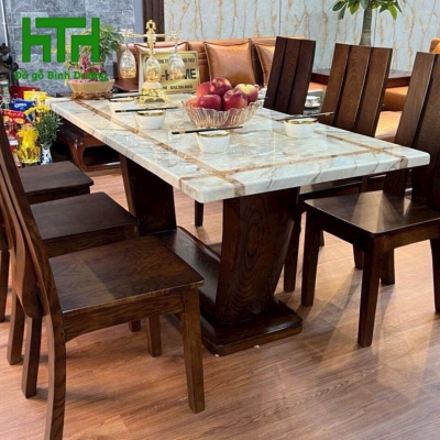 BÀN VUÔNG MẶT ĐÁ SỒI NHẬP 6 GHẾ 