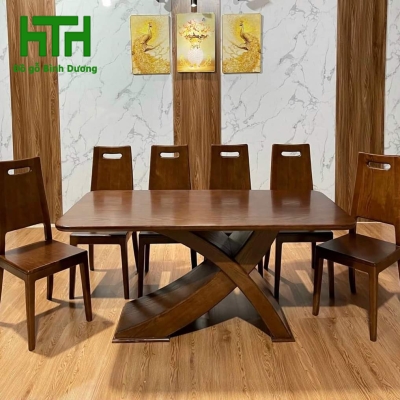 BỘ BÀN ĂN GỖ SỒI MẶT GỖ MÀU ÓC CHÓ  CHÂN X 6 GHẾ 