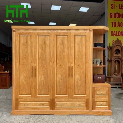 TỦ ÁO GÕ ĐỎ 4 CÁNH KỆ TRANG TRÍ 2M4 