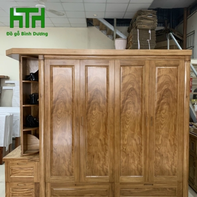 TỦ ÁO GỖ HƯƠNG XÁM 4 CÁNH KỆ TRANG TRÍ  GƯƠNG XOAY 