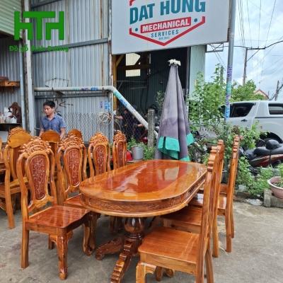 BÀN ĂN GỖ TRÀM BÔNG VÀNG  8 GHẾ MẪU OVAN 