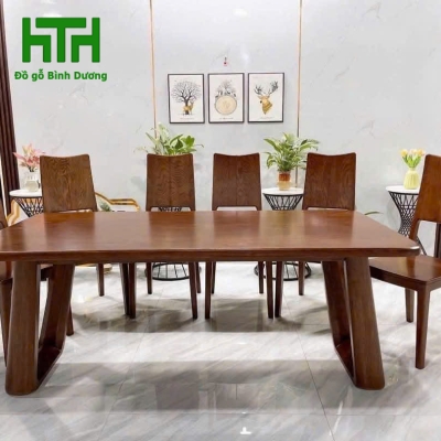 BỘ BÀN ĂN GỖ SỒI MÀU ÓC CHÓ CHÂN CHOÃI 6 GHẾ 
