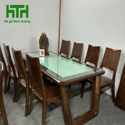 BỘ BÀN ĂN GỖ SỒI CHÂN CHOÃI MẶT ĐÁ 8 GHẾ 