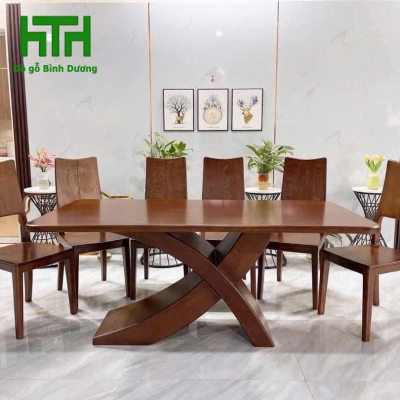 BÀN ĂN CHÂN X GỖ SỒI LAU MÀU ÓC CHÓ 6 GHẾ 