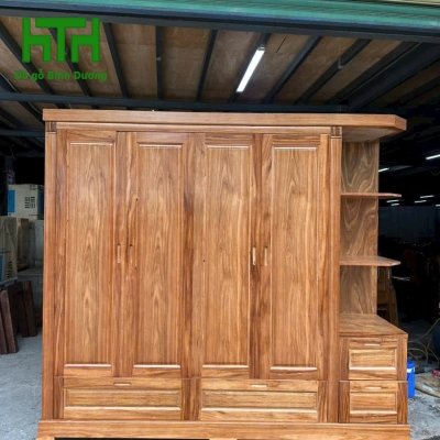 TỦ ÁO GỖ HƯƠNG XÁM 4 CÁNH KỆ TRANG TRÍ 2M4 