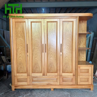 TỦ ÁO GÕ ĐỎ 4 CÁNH KỆ TRANG TRÍ 2M4  CHÂN GỖ HÀNG DÀY 