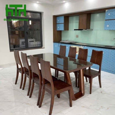BỘ BÀN GHẾ  8 GHẾ MẶT GỖ CHÂN CHOÃI 