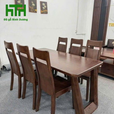 BỘ BÀN ĂN CHÂN CHOÃI  6 GHẾ GỖ SỒI NHẬP KHẨU 
