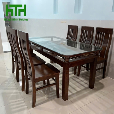 BÀN  ĂN GỖ SỒI 2 TẦNG LAU MÀU ÓC CHÓ 6 GHẾ 
