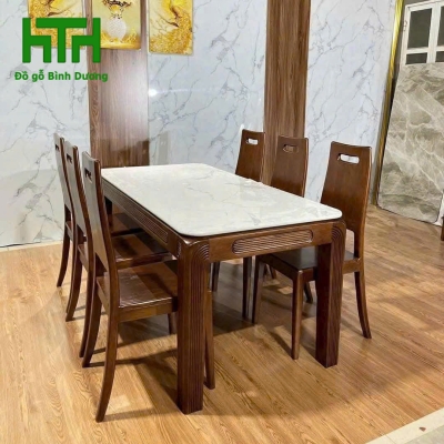 BỘ BÀN ĂN MẶT ĐÁ LAU MÀU ÓC CHÓ 6 GHẾ 