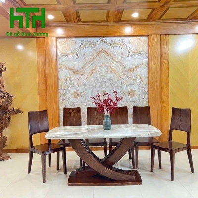 BÀN ĂN GỖ SỒI MẶT ĐÁ CHÂN CHÉO 6 GHẾ 