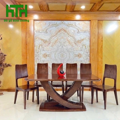 BÀN ĂN 6 GHẾ CHÂN X GỖ SỒI NHẬP  LAU MÀU ÓC CHÓ 