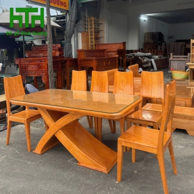 BỘ BÀN ĂN GỖ SỒI MẶT GỖ LAU HƯƠNG CHÂN X 