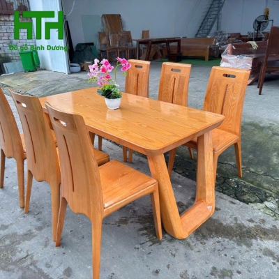 BỘ BÀN ĂN GỖ SỒI LAU HƯƠNG CHÂN CHOÃI GHẾ ANH ĐÀO 