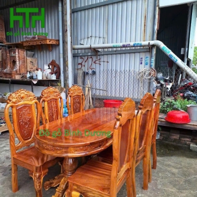 BỘ BÀN ĂN GỖ TRÀM BÔNG VÀNG 6 GHẾ MẪU OVAN 