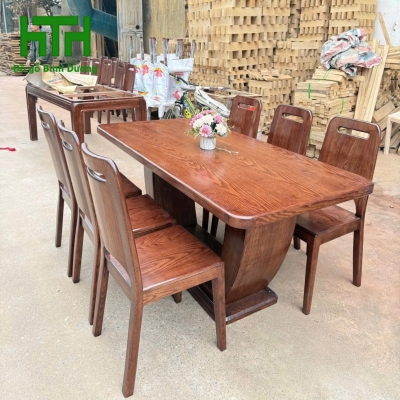 BÀN ĂN CHỮ U GỖ SỒI 6 GHẾ LAU MÀU ÓC CHÓ 