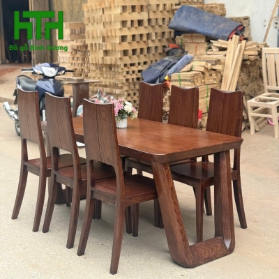 BỘ BÀN ĂN CHÂN CHOÃI GỖ SỒI 6 GHẾ MẪU GHẾ 3 TIÊU 
