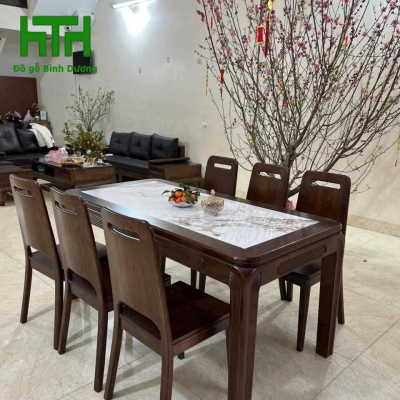 BỘ BÀN ĂN GỖ SỒI MẶT ĐÁ 6 GHẾ CHÂN LỚN 