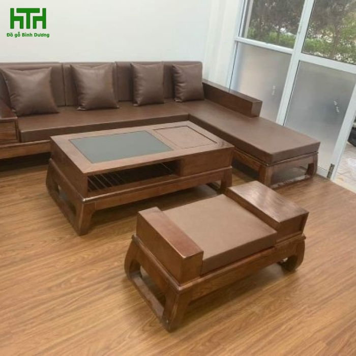 SOFA GÓC GỖ SỒI L CHÂN CHOÃI - LAU MÀU ÓC CHÓ 