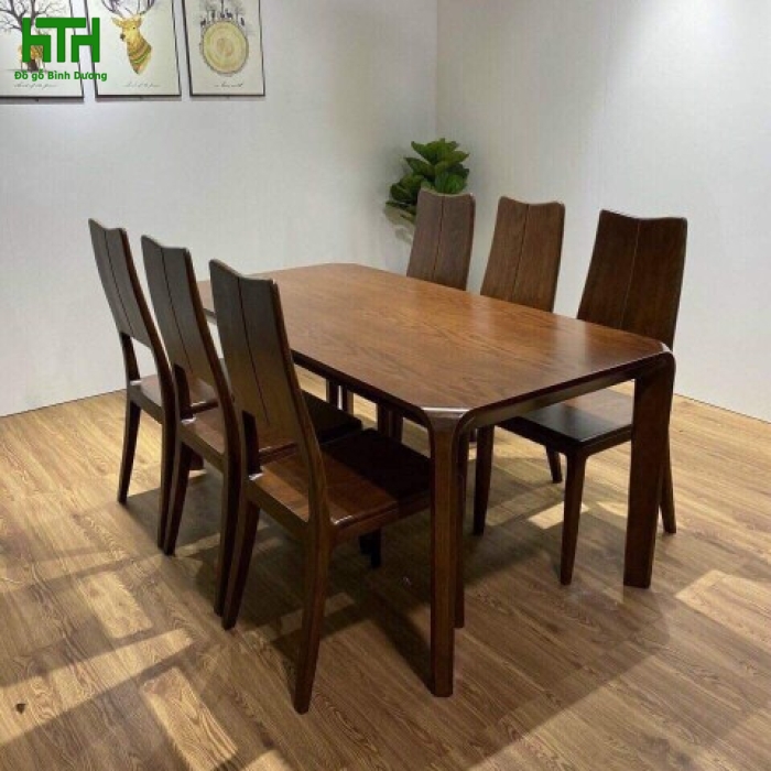 BỘ BÀN ĂN CHÂN HƯƠU MẶT GỖ LAU MÀU ÓC CHÓ 6 GHẾ 