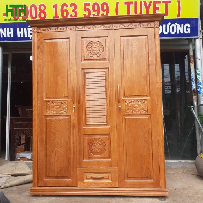 TỦ ÁO GỖ SỒI TỰ NHIÊN 3 CÁNH 1M6  MÀU CÁNH GIÁN 