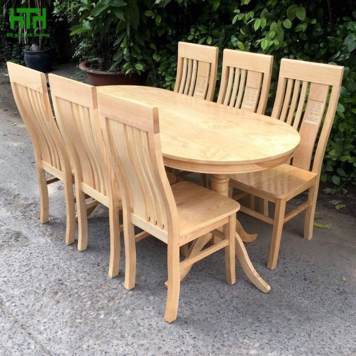 BỘ BÀN ĂN OVAN GỖ SỒI MÀU TỰ NHIÊN 6 GHẾ 