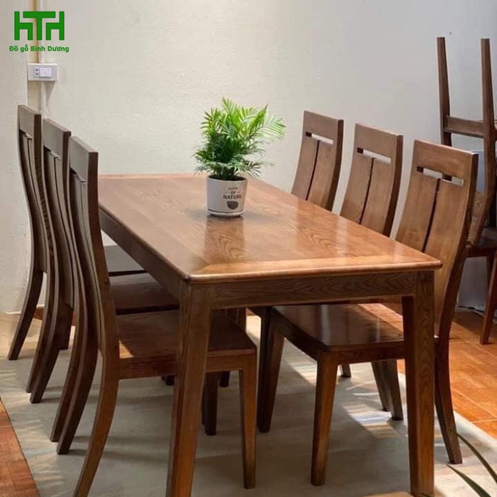 BỘ BÀN ĂN GỐ SỒI 6 GHẾ CHÂN HƯƠU LAU MÀU ÓC CHÓ 