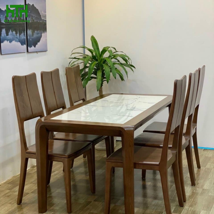 BỘ BÀN ĂN GỖ SỒI NGA MẶT ĐÁ 6 GHẾ LAU MÀU ÓC CHÓ 