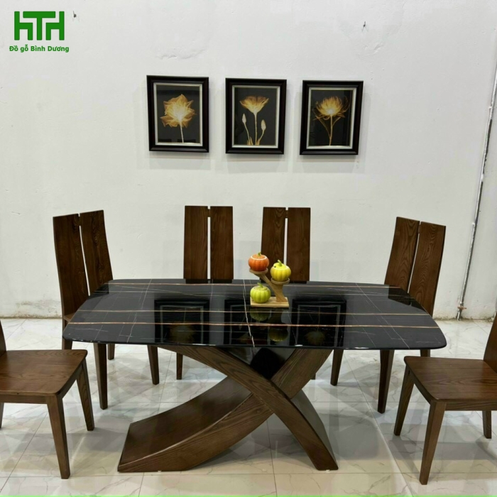 BÀN ĂN GỖ SỒI MẶT ĐÁ NHẬP 6 GHẾ LAU MÀU ÓC CHÓ 