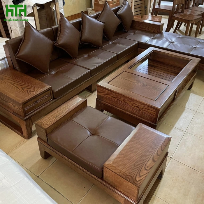 SOFA GÓC GỖ SỒI L CHÂN CHOÃI - LAU MÀU ÓC CHÓ 