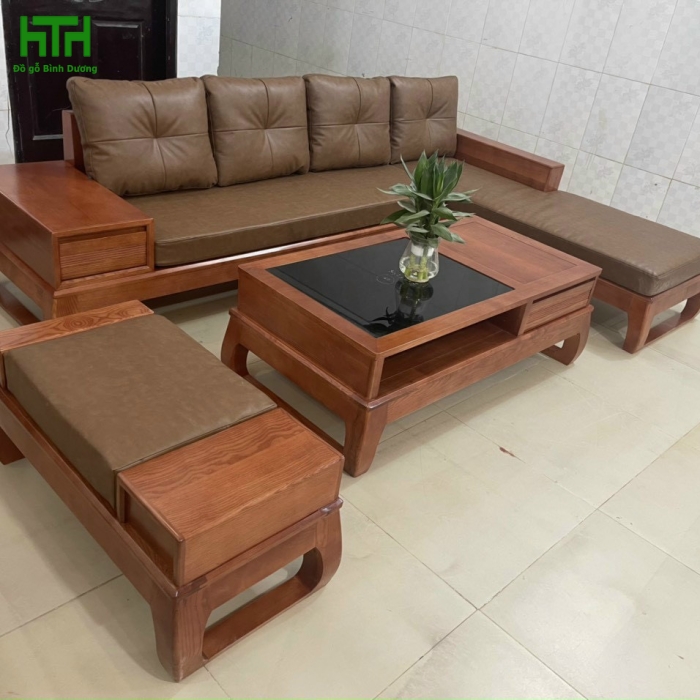 SOFA GÓC GỖ SỒI L CHÂN CHOÃI - LAU MÀU ÓC CHÓ 