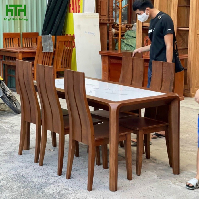 BÀN 6 GHẾ MẶT ĐÁ GỖ SỒI 