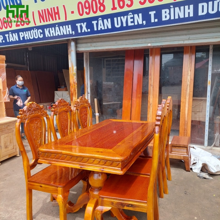 BÀN ĂN 6 GHẾ GỖ TRÀM BÔNG VÀNG MẪU  BÁNH TÂY 