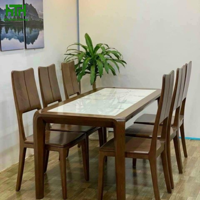 BỘ BÀN ĂN GỖ SỒI NGA MẶT ĐÁ 6 GHẾ LAU MÀU ÓC CHÓ 