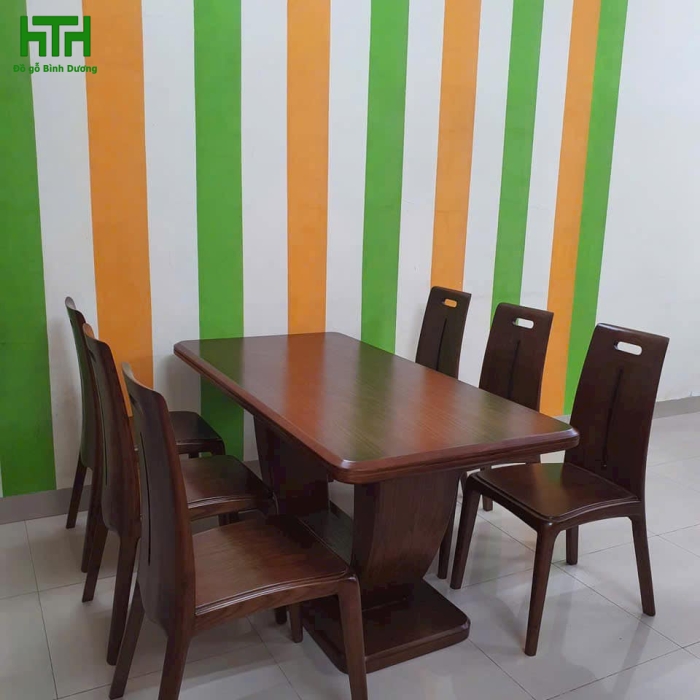 BÀN ĂN CHÂN CHỮ U GỖ SỒI LAU MÀU ÓC CHÓ 6 GHẾ 