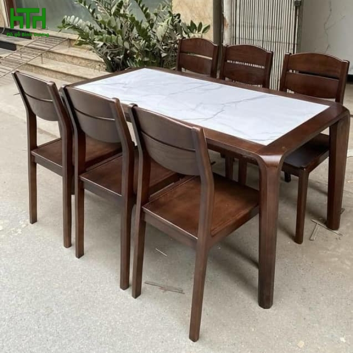 BỘ BÀN ĂN GỖ SỒI NGA MÀU ÓC CHÓ CHÂN HƯƠU MẶT ĐÁ 6 GHẾ 