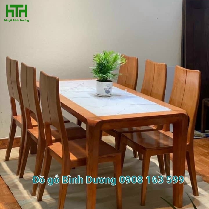 BỘ BÀN ĂN GỖ SỒI NGA MẶT ĐÁ CAO CẤP 6 GHẾ 