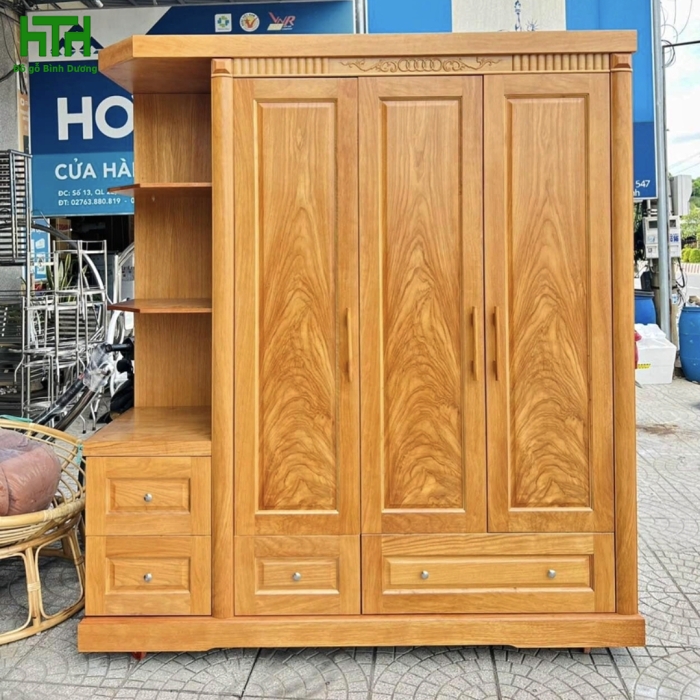 TỦ ÁO GỖ GÕ ĐỎ 3 CÁNH KỆ TRANG TRÍ 2M 